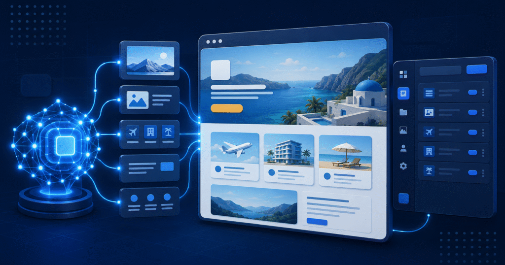 An artificial intelligence system assembling a travel website by connecting content blocks, service cards, images, and a WordPress-style management dashboard.