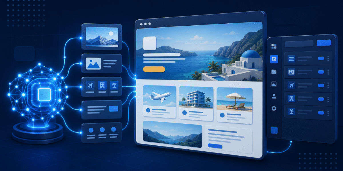 An artificial intelligence system assembling a travel website by connecting content blocks, service cards, images, and a WordPress-style management dashboard.