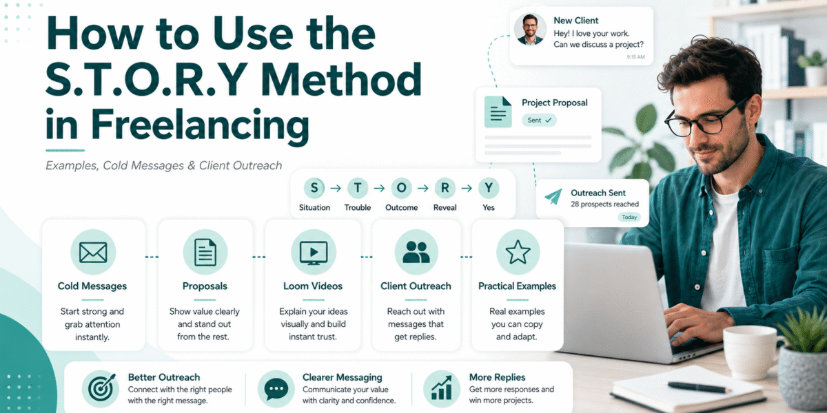 Learn how to apply the S.T.O.R.Y Method in freelancing with practical examples for cold messages, AI automation, web development, SEO, Loom videos, proposals and client outreach.